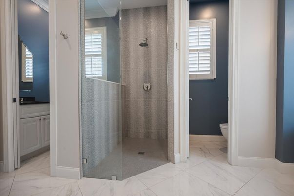 Bathroom, Glass Shower, Interior, Marble, Recessed Lighting