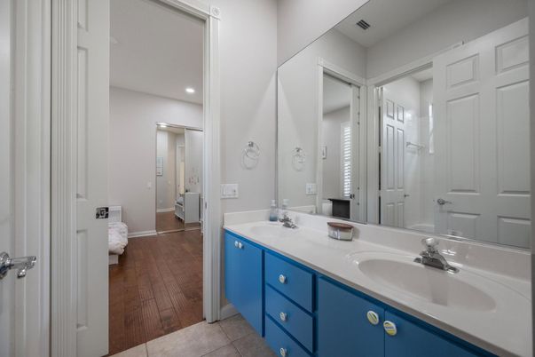 Bathroom, Dual Sink Vanities, Interior, Recessed Lighting, Wood Texture Flooring