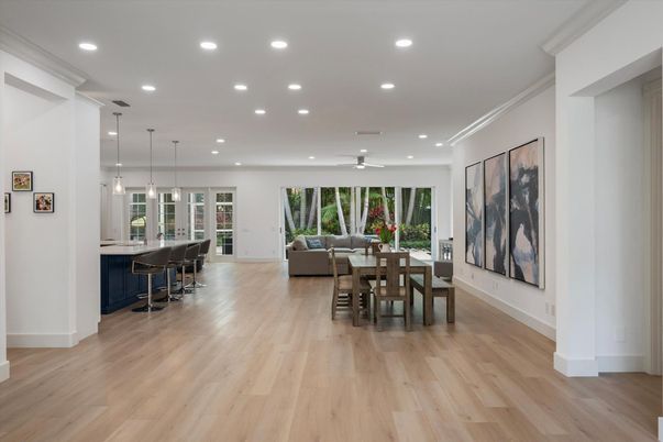 Dining room, Interior, Living room, Pendant Lights, Recessed Lighting, Wood Texture Flooring