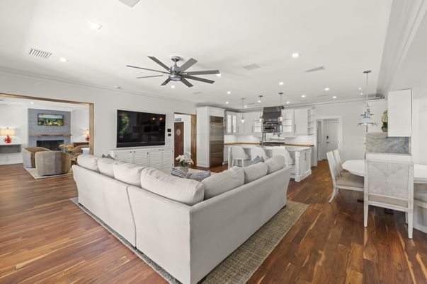 Dining room, Fireplace, Interior, Kitchen, Living room, Pendant Lights, Recessed Lighting, Stainless Steel Appliances, Wood Texture Flooring