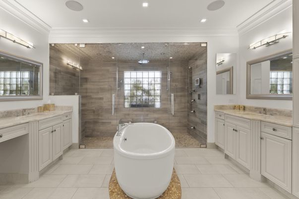 Bathroom, Dual Sink Vanities, Free Standing Baths, Glass Shower, Interior, Recessed Lighting