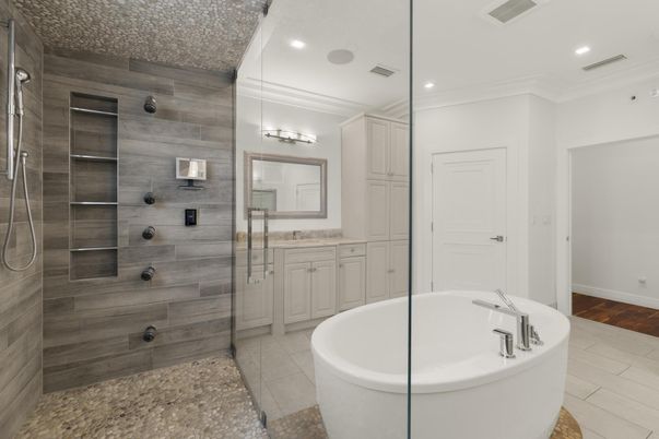 Bathroom, Free Standing Baths, Glass Shower, Interior, Recessed Lighting, Wood Texture Flooring