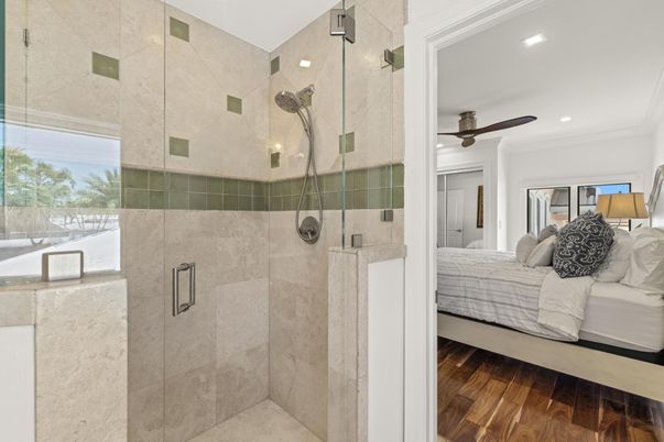 Bathroom, Bedroom, Glass Shower, Interior, Recessed Lighting, Wood Texture Flooring