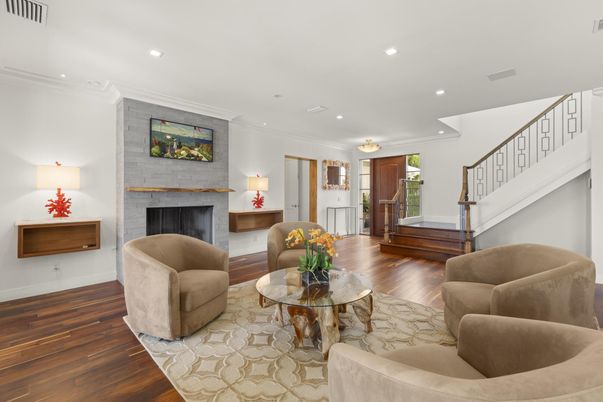 Fireplace, Interior, Living room, Recessed Lighting, Stone Walls, Wood Texture Flooring