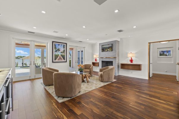 Fireplace, Interior, Living room, Recessed Lighting, Wood Texture Flooring