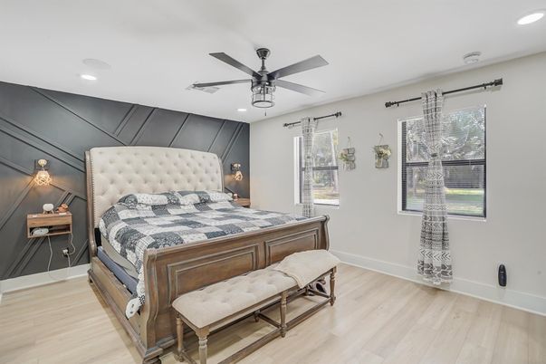 Bedroom, Interior, Recessed Lighting, Wood Texture Flooring