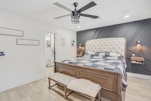 Bedroom, Interior, Recessed Lighting, Wood Texture Flooring