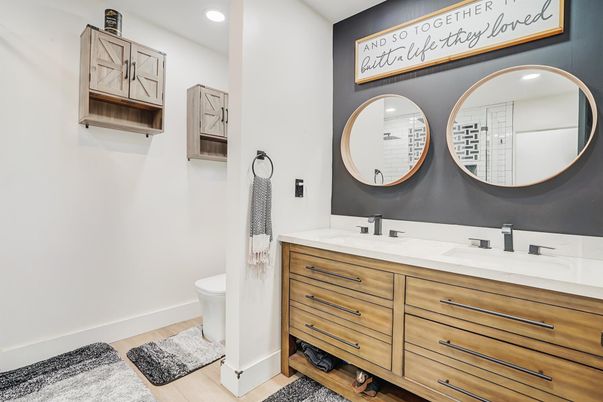 Bathroom, Dual Sink Vanities, Interior, Recessed Lighting, Wood Texture Flooring