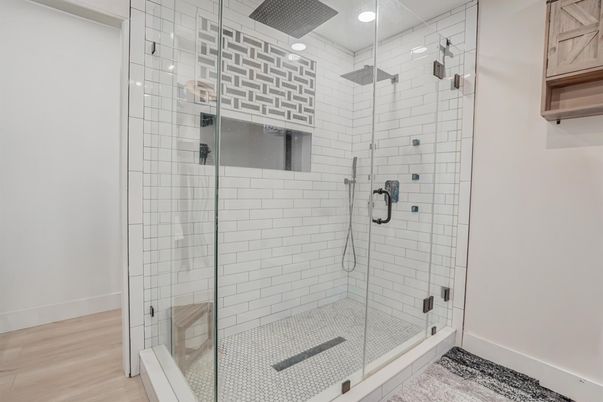 Bathroom, Glass Shower, Interior, Recessed Lighting, Wood Texture Flooring