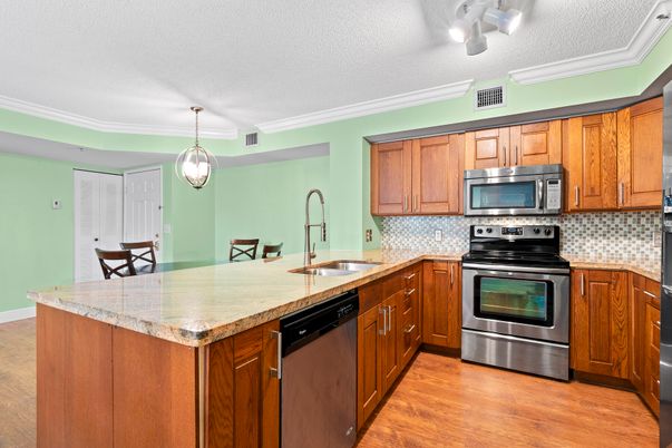 Interior, Kitchen, Pendant Lights, Stainless Steel Appliances, Wood Texture Flooring