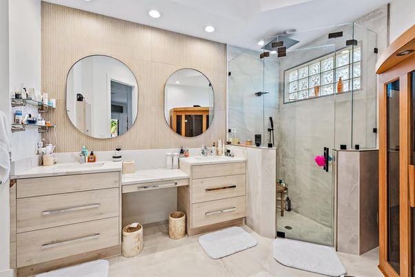 Bathroom, Dual Sink Vanities, Glass Shower, Interior, Recessed Lighting