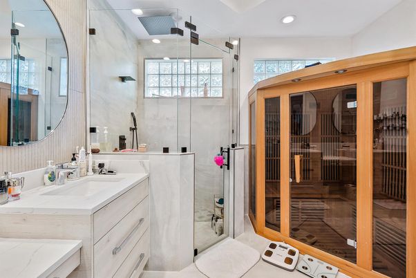 Bathroom, Glass Shower, Interior, Recessed Lighting, Sauna Room
