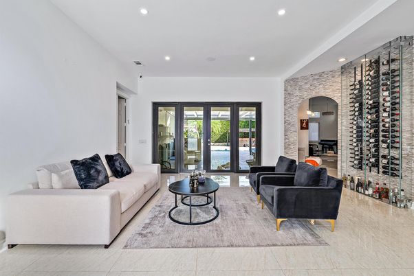Interior, Living room, Recessed Lighting, Stone Walls, Wine Storage