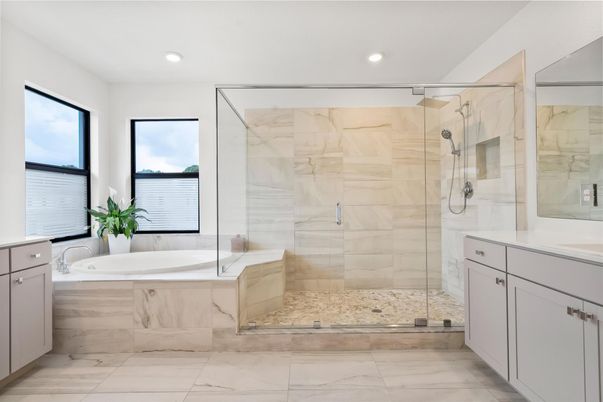 Bathroom, Glass Shower, Interior, Marble, Marble Walls, Recessed Lighting