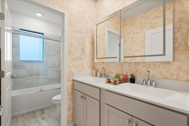 Bathroom, Dual Sink Vanities, Glass Shower, Interior, Marble, Marble Walls, Recessed Lighting