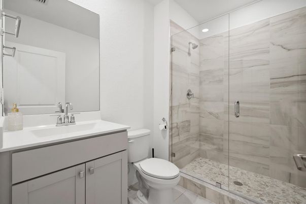 Bathroom, Glass Shower, Interior, Marble Walls, Recessed Lighting