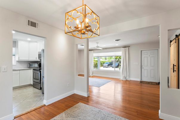Chandelier, Interior, Kitchen, Recessed Lighting, Wood Texture Flooring