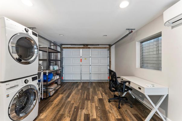 Home Office, Interior, Recessed Lighting, Utility Closets, Washer, Wood Texture Flooring