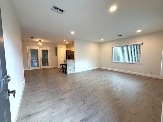 Empty room, Interior, Kitchen, Recessed Lighting, Wood Texture Flooring