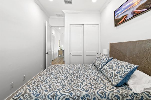 Bedroom, Interior, Recessed Lighting, Wood Texture Flooring