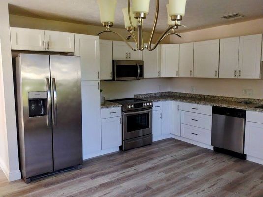 Chandelier, Interior, Kitchen, Stainless Steel Appliances, Wood Texture Flooring