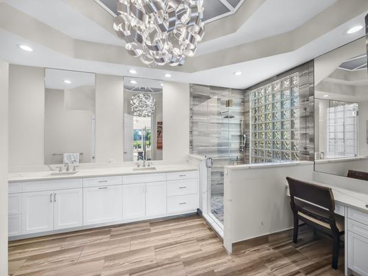 Bathroom, Chandelier, Dual Sink Vanities, Interior, Recessed Lighting, Wood Texture Flooring