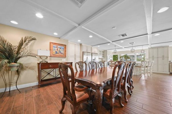Dining room, Interior, Recessed Lighting, Wood Texture Flooring