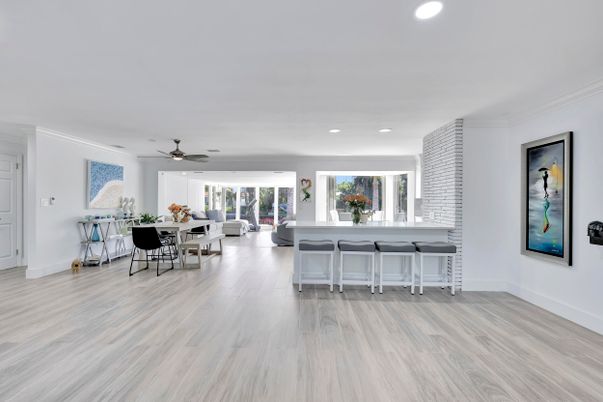 Dining room, Interior, Recessed Lighting, Wood Texture Flooring