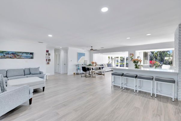 Dining room, Interior, Living room, Recessed Lighting, Wood Texture Flooring