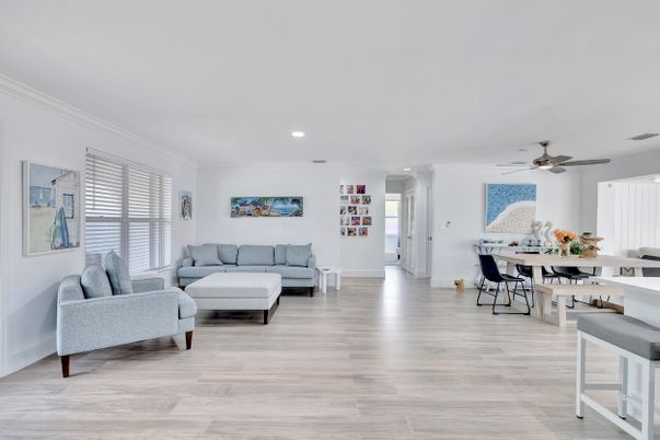 Dining room, Interior, Living room, Recessed Lighting, Wood Texture Flooring