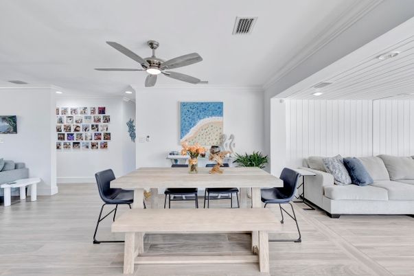 Dining room, Interior, Living room, Recessed Lighting, Wood Texture Flooring
