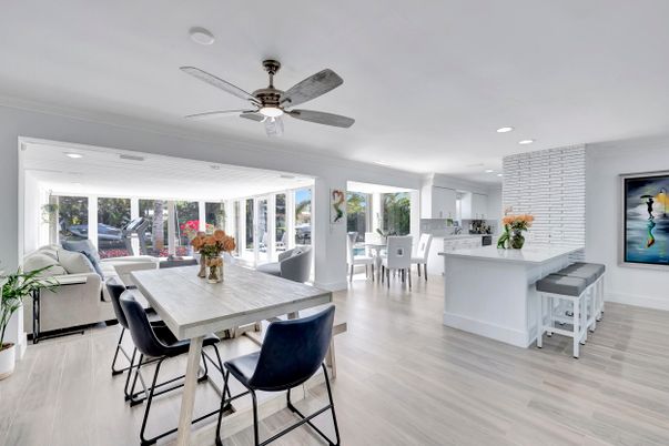 Dining room, Interior, Kitchen, Recessed Lighting, Wood Texture Flooring