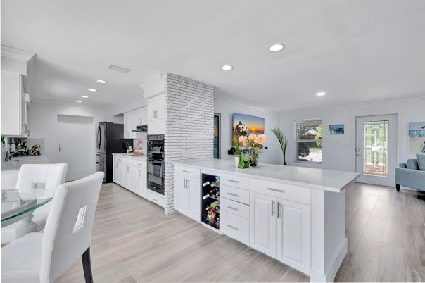 Dining room, Interior, Kitchen, Recessed Lighting, Stainless Steel Appliances, Wood Texture Flooring