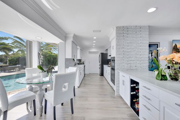 Dining room, Interior, Kitchen, Recessed Lighting, Stone Walls, Wood Texture Flooring