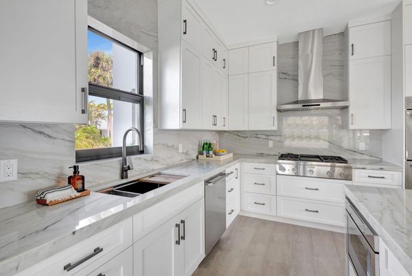 Interior, Kitchen, Marble Walls, Recessed Lighting, Wood Texture Flooring