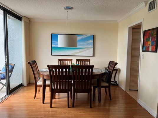 Dining room, Interior, Pendant Lights, Wood Texture Flooring