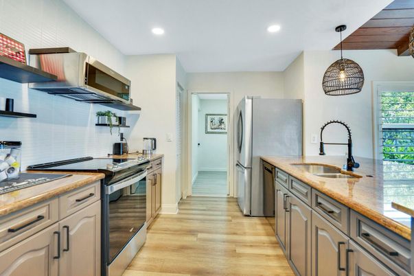 Interior, Kitchen, Pendant Lights, Recessed Lighting, Stainless Steel Appliances, Wood Texture Flooring
