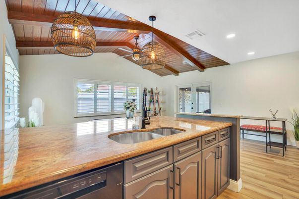 Chandelier, Interior, Kitchen, Recessed Lighting, Wooden Beams, Wooden Ceilings, Wood Texture Flooring