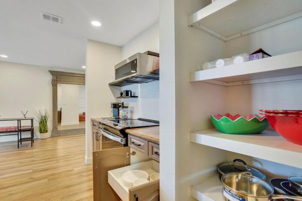 Interior, Kitchen, Recessed Lighting, Stainless Steel Appliances, Wood Texture Flooring