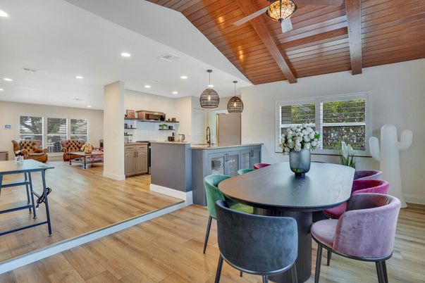 Dining room, Interior, Kitchen, Living room, Pendant Lights, Recessed Lighting, Wooden Beams, Wooden Ceilings, Wood Texture Flooring