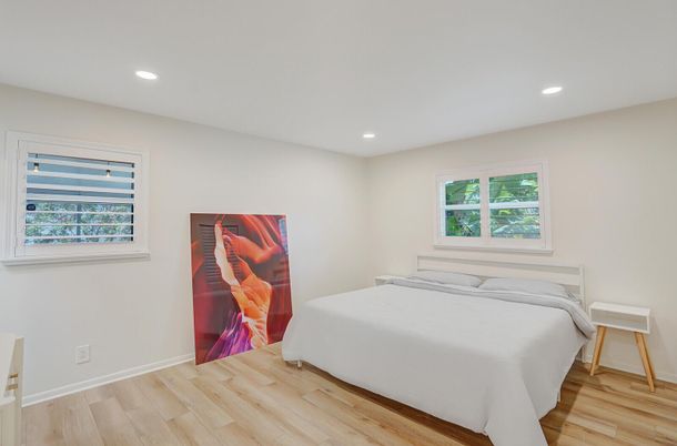 Bedroom, Interior, Recessed Lighting, Wood Texture Flooring