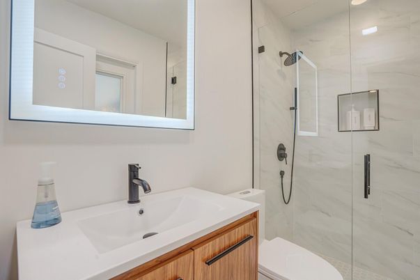 Bathroom, Glass Shower, Interior, Marble Walls, Recessed Lighting