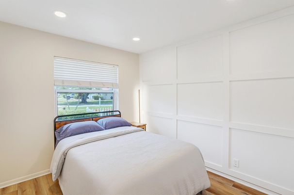 Bedroom, Interior, Recessed Lighting, Wood Texture Flooring
