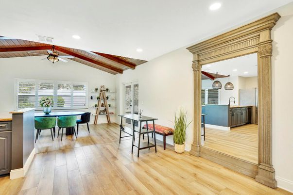 Dining room, Interior, Recessed Lighting, Wooden Beams, Wooden Ceilings, Wood Texture Flooring