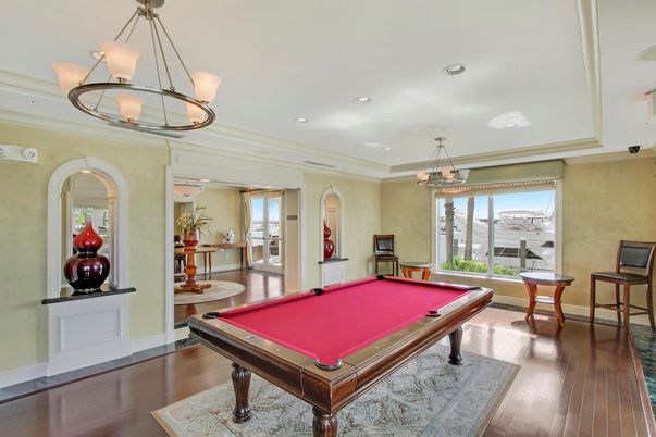Billiard Table, Chandelier, Game Room, Interior, Pendant Lights, Recessed Lighting, Wood Texture Flooring