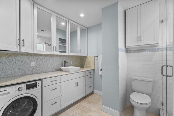 Bathroom, Glass Shower, Interior, Recessed Lighting, Washer