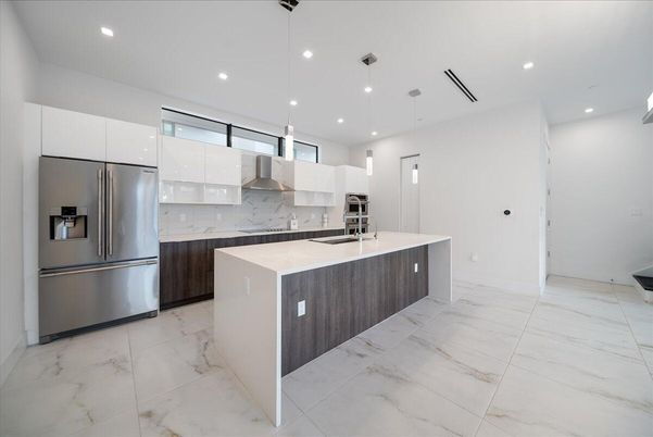 Interior, Kitchen, Marble, Pendant Lights, Recessed Lighting, Stainless Steel Appliances