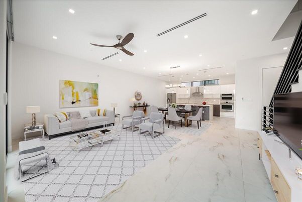 Dining room, Interior, Kitchen, Living room, Marble, Pendant Lights, Recessed Lighting, Stainless Steel Appliances