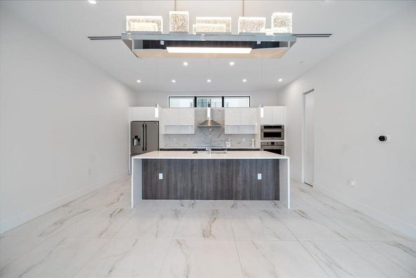 Interior, Kitchen, Marble, Pendant Lights, Recessed Lighting, Stainless Steel Appliances