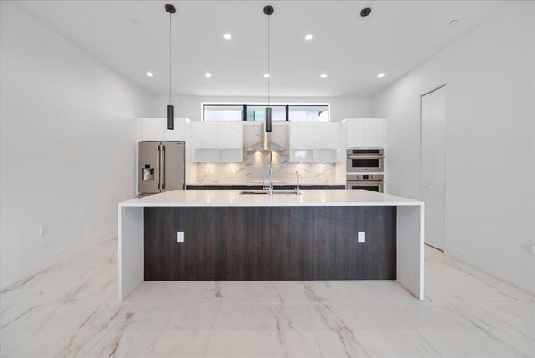 Interior, Kitchen, Marble, Pendant Lights, Recessed Lighting, Stainless Steel Appliances